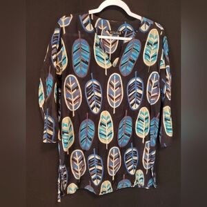 Women's Leaf Print Top - Blue and Black